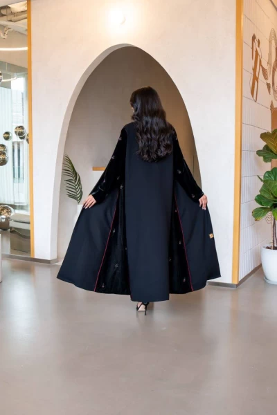 Crepe Abaya with black velvet  IB257 Black